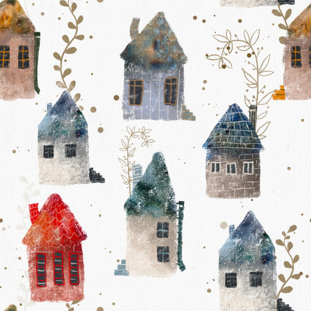 Captivating handpainted cottage pattern in soft watercolor style with leafy details, exuding charmの写真素材