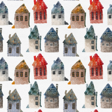 Charming watercolor houses in a seamless repeating pattern, perfect for fabric, wallpaper, or digital backgrounds.の写真素材