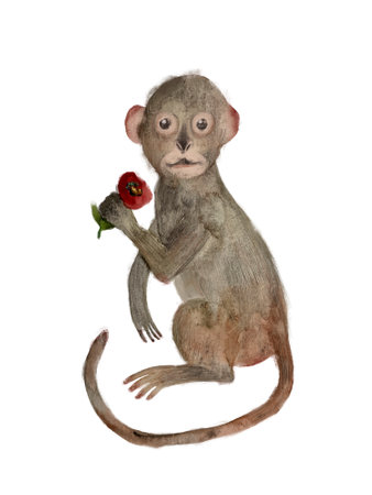Charming watercolor illustration of a monkey holding a red flower. Perfect for kids' books and art...