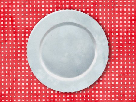 Clean white plate centered on a red and white checkered tablecloth background, showing simplicity....