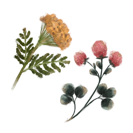 Stylized watercolor artwork featuring yellow yarrow and pink clover wildflowers for decor and design.の写真素材