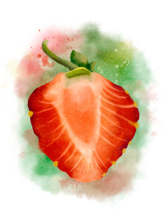 Watercolor painting of ripe strawberry with vibrant colors and realistic texture, artfully depictedの写真素材