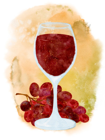 An Elegant Red Wine Glass Beautifully Depicted Alongside Grapes in a Watercolor Artistic Styleの写真素材