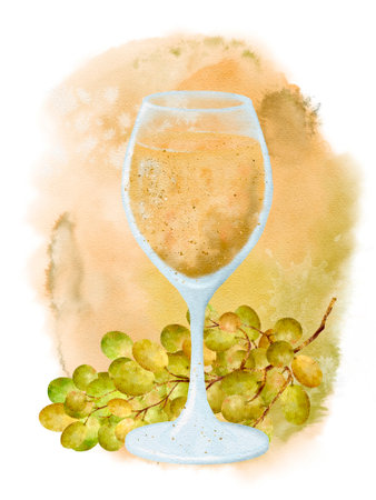 An Elegant White Wine Glass beautifully illustrated alongside Fresh Grapes in a stylish designの写真素材