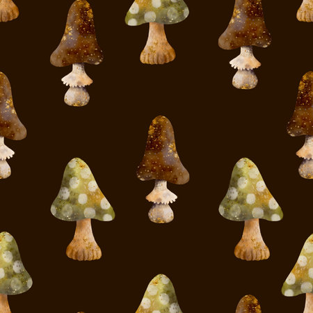 A Whimsical Mushroom Pattern Set Against a Dark Background for Artistic Inspirationの写真素材