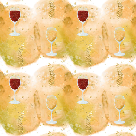 Elegant Wine Glasses Set Against a Soft Watercolor Background for a Delightful Atmosphereの写真素材