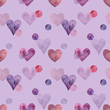 A charming and whimsical pattern featuring watercolor hearts and circles in vibrant colorsの写真素材