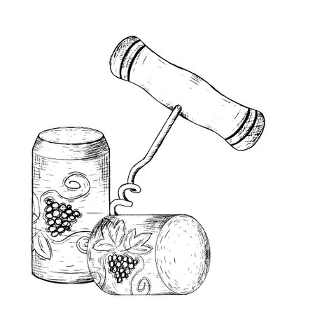 Beautiful Vintage Illustration Featuring a Corkscrew Alongside Various Wine Cans and Bottlesのイラスト素材