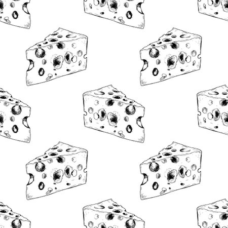 A whimsical and outlined cheese pattern that is absolutely perfect for various foodthemed projects and designs. Hand drawn vector black-and-white graphics in line art for printing on paper and fabric.のイラスト素材