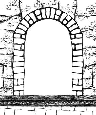 A beautifully handdrawn stone archway, artistically crafted, perfect for various backgrounds and design projects. Hand drawn vector black-and-white graphics in line art for printed materials, interiors and more.のイラスト素材