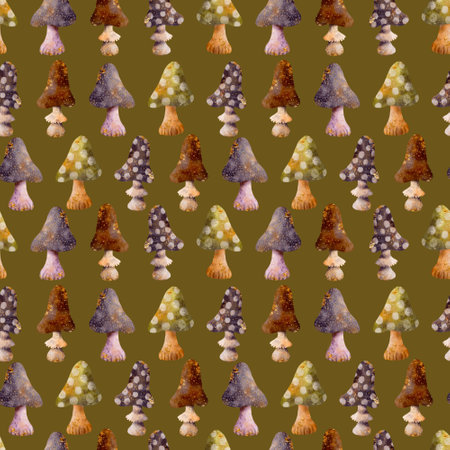 A Colorful Mushroom Pattern Set Against a Calm Olive Background As a Charming Backdropの写真素材
