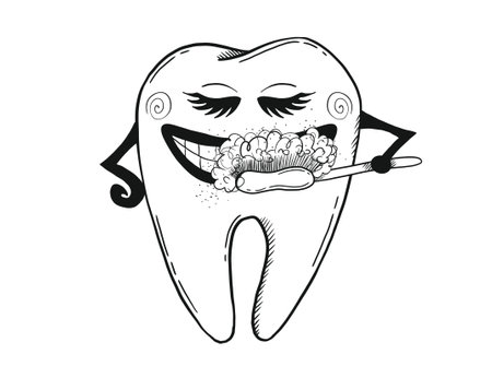 Fun cartoon character brushing teeth, promoting dental hygiene in an engaging style for kidsのイラスト素材