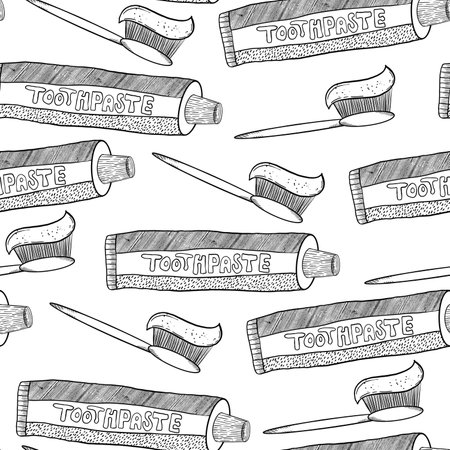 A fun and delightful handdrawn pattern featuring toothpaste and toothbrush designsのイラスト素材