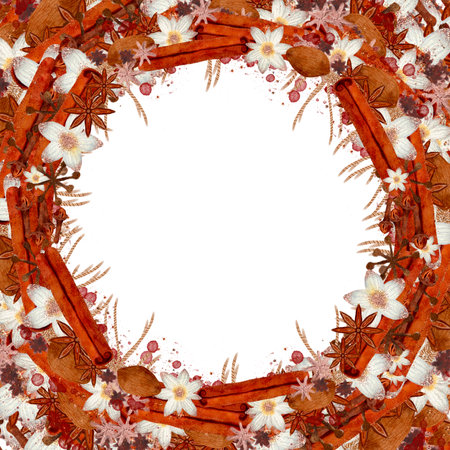 This background features a beautifully crafted autumn floral and spice wreath designの写真素材
