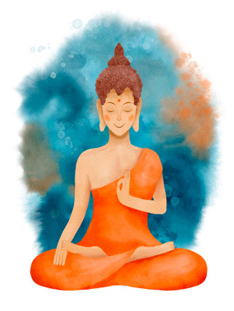 A Serene Buddha in Vibrant Orange This is an Inspiring Artwork for Deep and Peaceful Meditationの写真素材