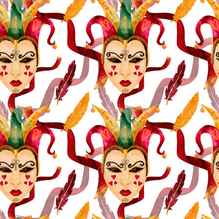 A Beautiful and Vibrant Carnival Mask Pattern Featuring an Array of Colorful Feathersの写真素材