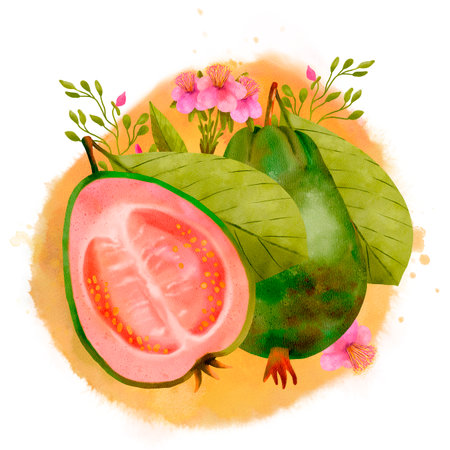 A Beautiful Arrangement of Fresh Guava and Avocado Nestled Among Lush Greenery and Colorful Flowersの写真素材