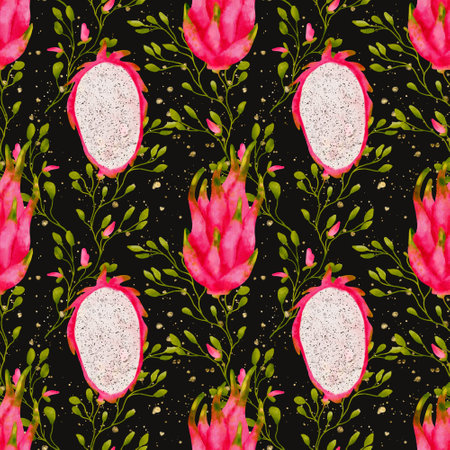 This artwork showcases a vibrant floral pattern that incorporates dragon fruit elements beautifullyの写真素材