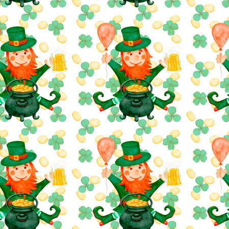 A Cheerful Leprechaun holds Gold and Beer in a festive pattern, celebrating joy and traditionの写真素材