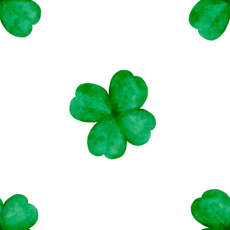 A Seamless Pattern Featuring Delightful Green Clover Leaves Set Against a Crisp White Backgroundの写真素材