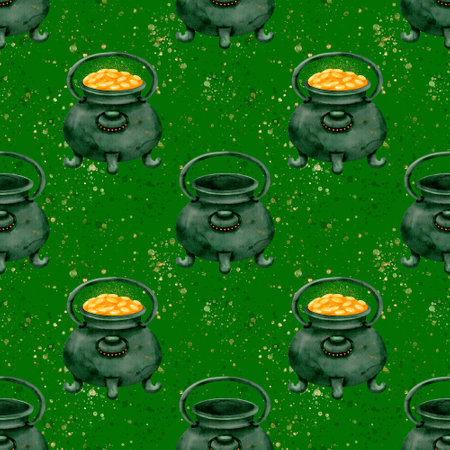 Vibrant Green Background Featuring a Cauldron Overflowing with Golden Coins Patternの写真素材