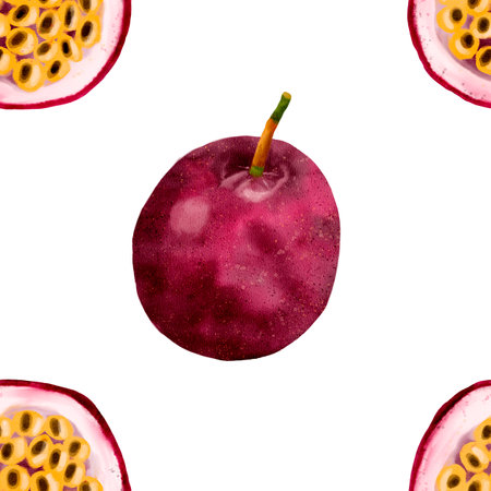 A Delightful Purple Passion Fruit is Delicately Surrounded by a Variety of Tropical Halvesの写真素材