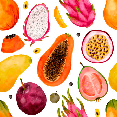 A vibrant and colorful pattern featuring tropical fruits illustrated in watercolor styleの写真素材