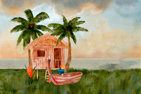 Experience Coastal Serenity A Quaint Cabin and a Charming Boat Nestled Amidst Lush Palm Treesの写真素材