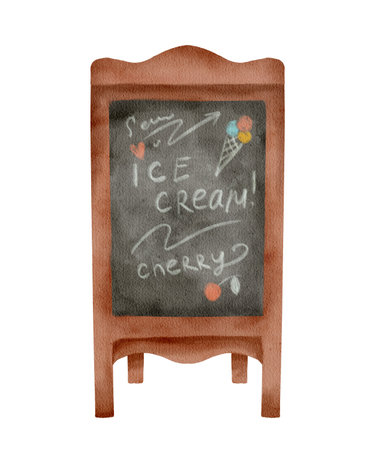 Chalkboard sign for an ice cream shop with a cherry illustration to attract customersの写真素材