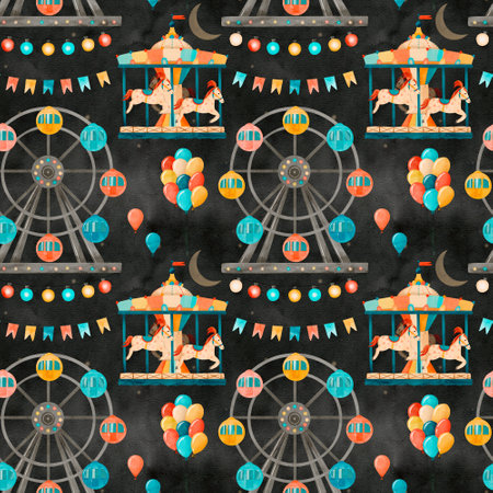 Colorful carnival pattern featuring a Ferris wheel and a lovely carouselの写真素材