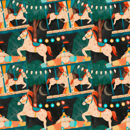 Vintage Carousel Horses watercolor Patternの写真素材