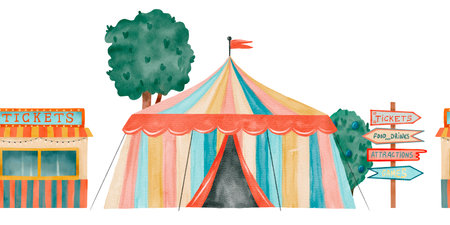 Circus Tent featuring a Food Stall and various Directional Signs for guidanceの写真素材