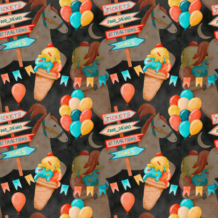 Colorful Fair Watercolor seamless pattern with Ice Cream Treats and Bright Balloonsの写真素材