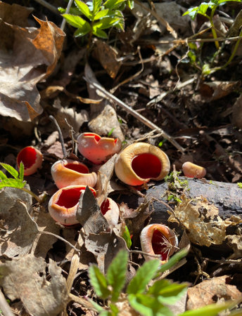 Discovering Exquisite and Unique Red Mushroom Specimens Amidst the Rich Forest Floor Debrisの写真素材
