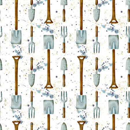 Watercolor Gardening Tools Pattern Illustrations Perfect for Home and Garden Use Todayの写真素材