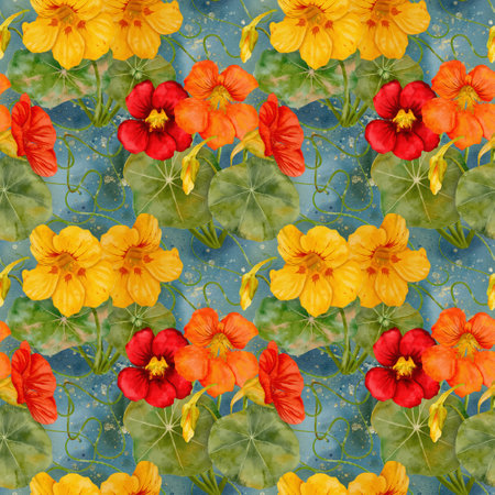 Watercolor Nasturtium Floral Seamless Pattern Design that brings life to any spaceの写真素材