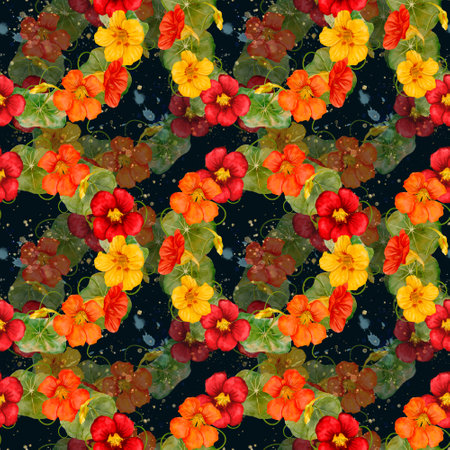 Watercolor nasturtiun floral pattern that features beautifully blooming nasturtiumsの写真素材