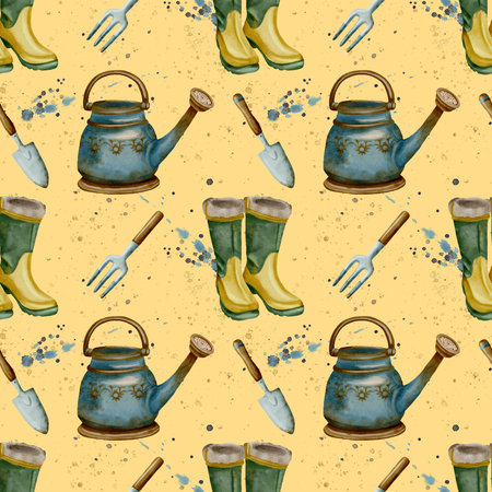 Colorful Watercolor Garden Tools and Accessories Pattern Illustration for Gardening Enthusiastsの写真素材