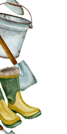 Gardening Tools and Rubber Boots in a detailed illustration formatの写真素材