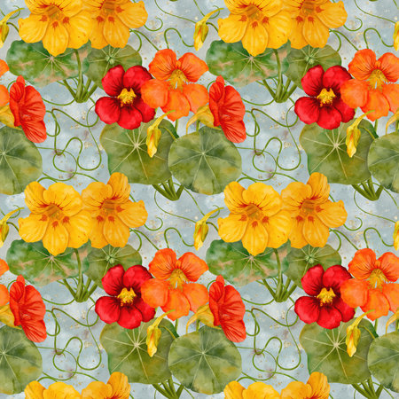 Watercolor Nasturtium Floral Seamless Pattern Design that brings life to any spaceの写真素材