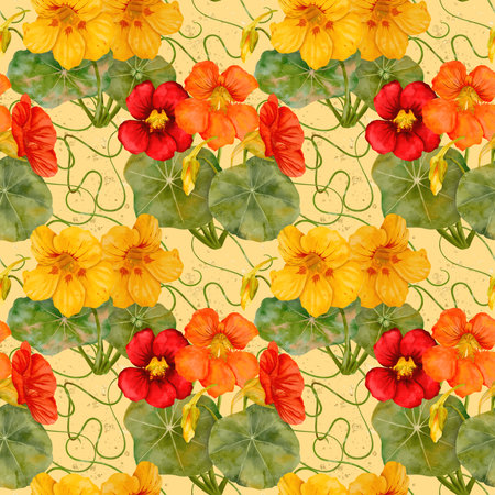 Watercolor Nasturtium Floral Seamless Pattern Design that brings life to any spaceの写真素材