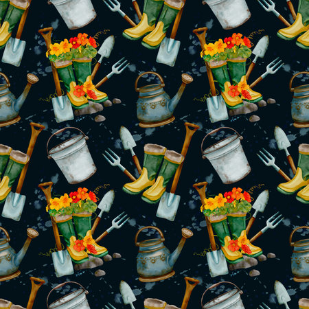 Watercolor Garden Tools and a Floral Boots Pattern Featuring Vibrant and Colorful Designsの写真素材