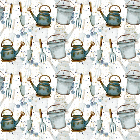Watercolor Garden Tools Pattern featuring delightful Watering Cans and various Bucketsの写真素材