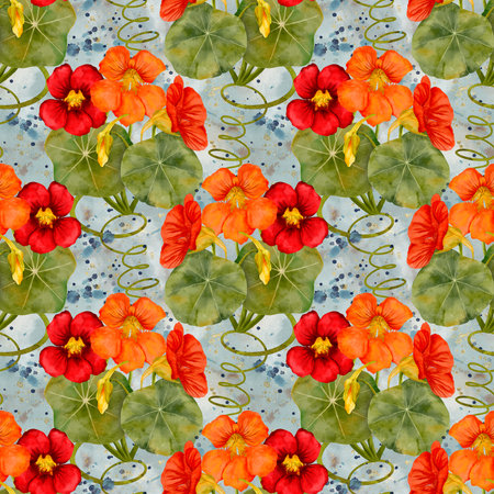 Vibrant watercolor floral pattern with delightful nasturtiums and green leavesの写真素材