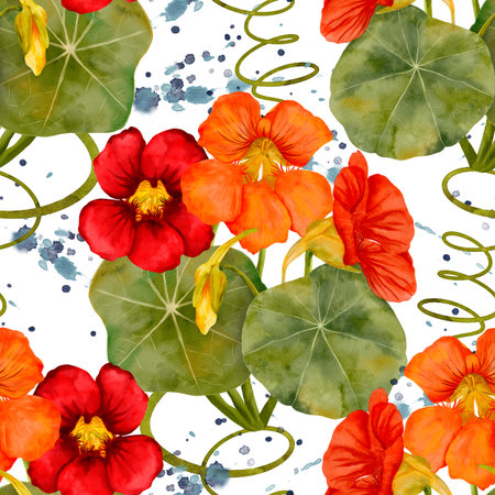 Vibrant watercolor floral pattern with delightful nasturtiums and green leavesの写真素材