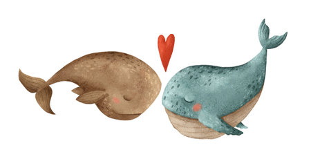 A cute illustration of loving whales, highlighting their charm and the beauty of marine lifeの写真素材