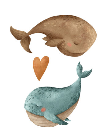 Adorable Whales Featuring a Heart Illustration Perfect for Love and Affection Themesの写真素材