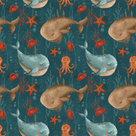 Whales, octopuses, starfish and crabs Pattern Featuring Underwater Creatures Ideal for Kids Designの写真素材