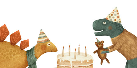 A whimsical Cute Dinosaur Birthday Celebration with a Cake and vibrant Party Hatsの写真素材