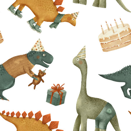 A vibrant and colorful dinosaur-themed birthday celebration pattern designの写真素材